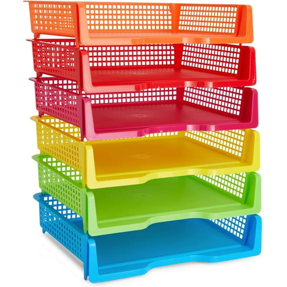 Rainbow 6-Pack Teacher Supplies Letter Trays - 9"x13"x3", Stackable Classroom Desk Organizer