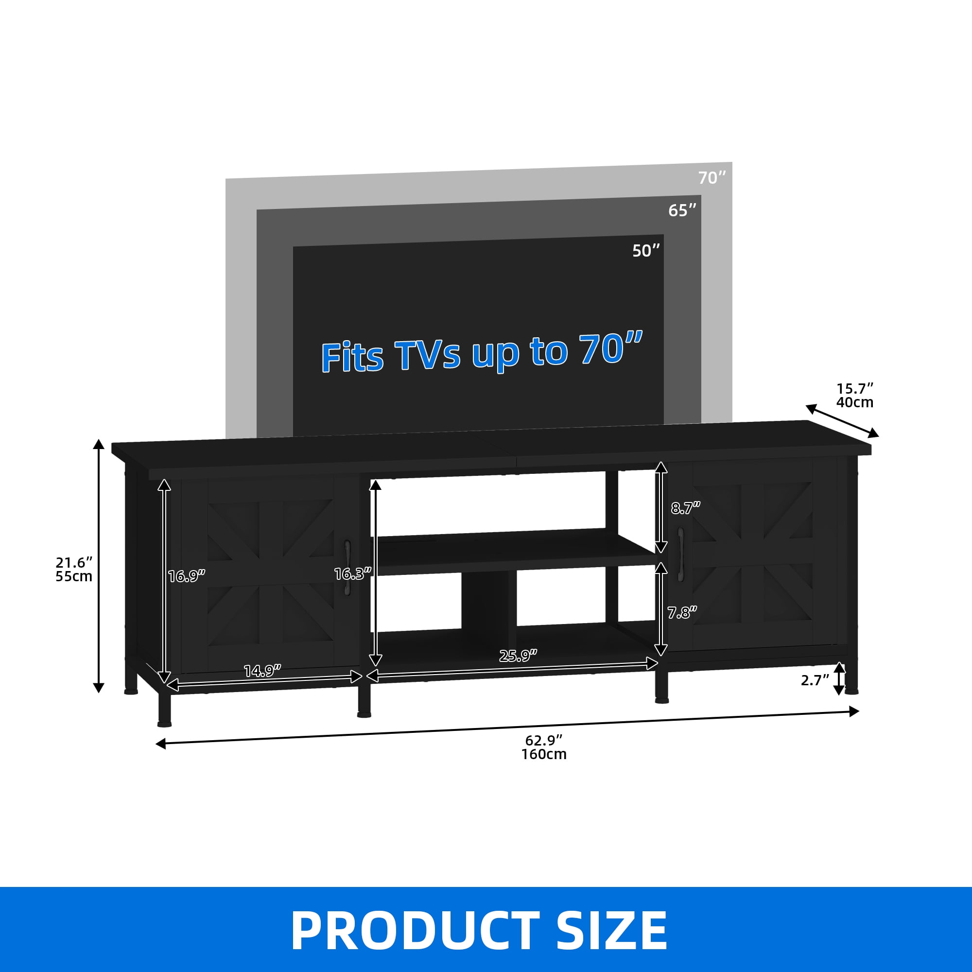 Uforic Farmhouse TV Stand with LED & Charging, Storage Cabinet and Shelves for TVs up to 70", Black