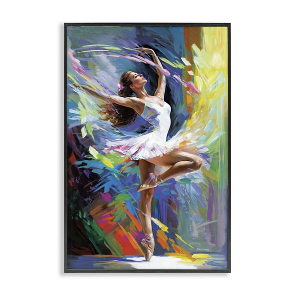 Stupell Industries Bright Hued Dancing Ballerina Entertainment Painting Black Framed Art Print Wall Art, 12 x 18