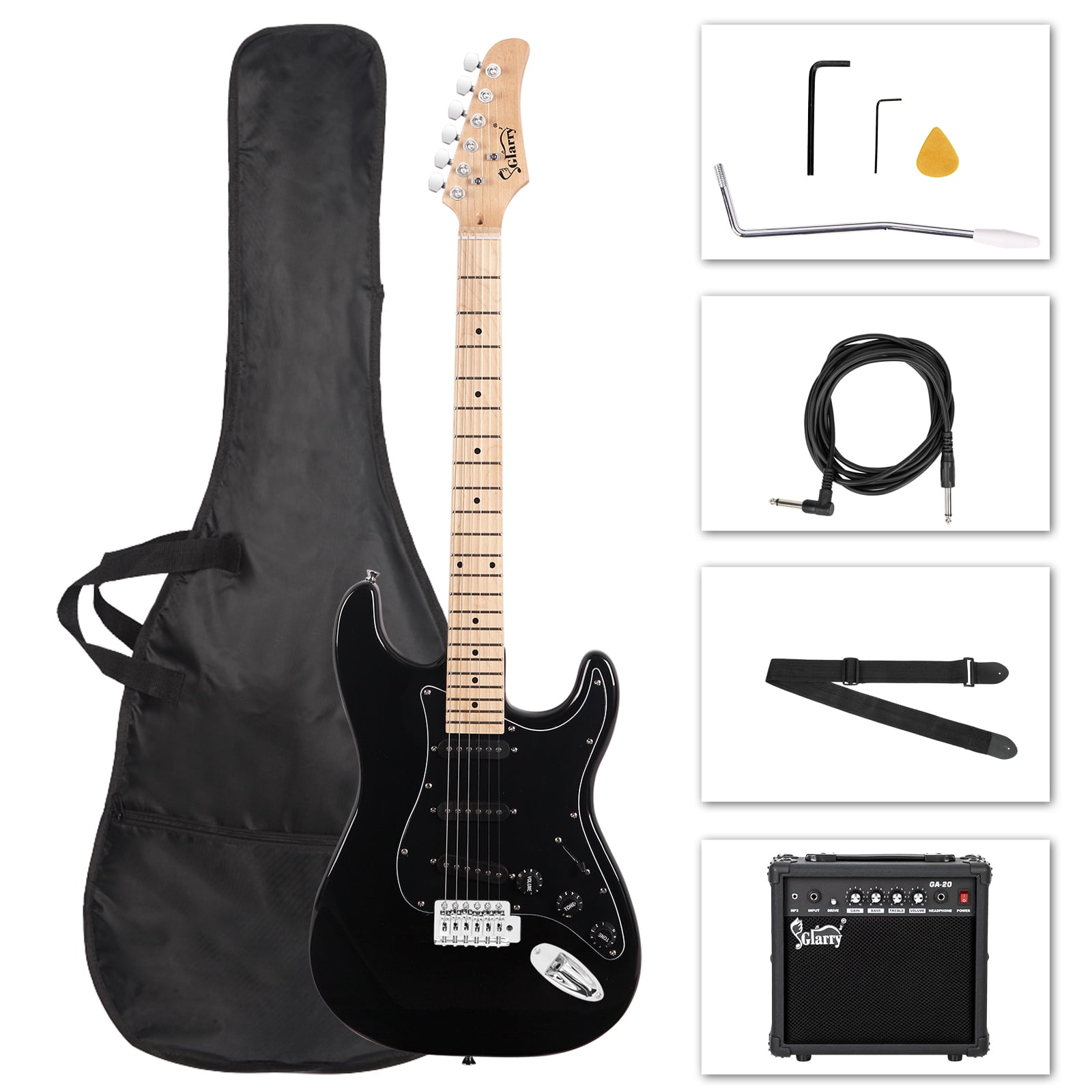 Glarry GST Electric Guitar Kit for Beginner, Full Size SSS for Starter with 20W Amp, Bag, Strap, Picks – Black
