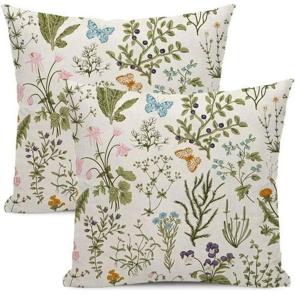 Spring Pillow Covers 18x18 Set of 2, Sage Green Floral Leaf Decorative Throw Pillow Covers for Wild Flower Linen Summer Farmhouse Cushion Case for Couch Sofa Outdoor Spring Decor