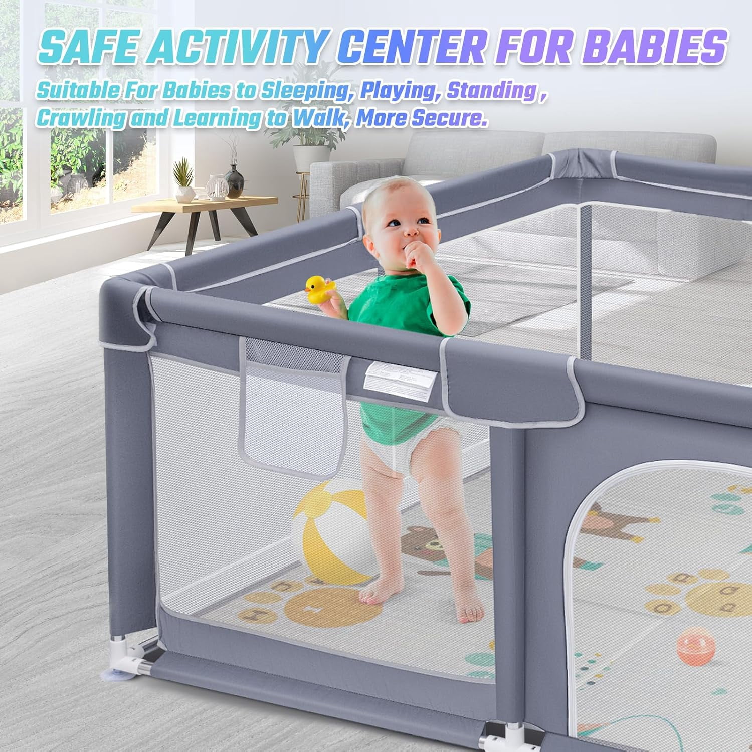 kmaier Baby Playpen , Large Indoor and Outdoor Play Yards, 360° Visibility , for Toddler-Grey