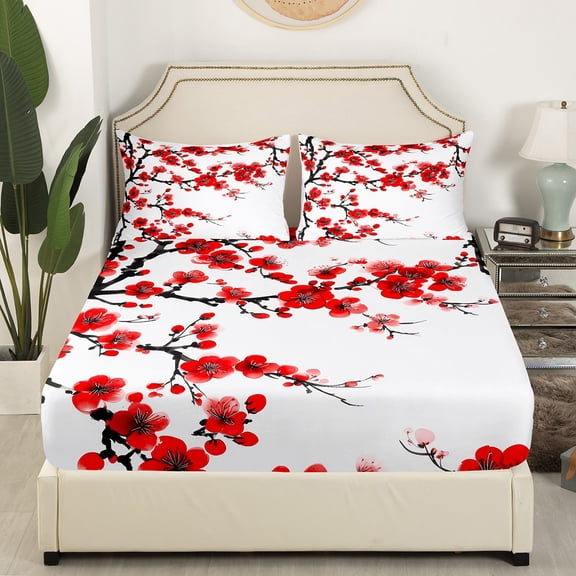 Castle Fairy Red Sakura 3pcs Twin Sheet Sets,Cherry Blossom Twin Fitted Sheet,Black Red Breathable Flat Sheet,Ultra Soft Japanese Style Home Decor