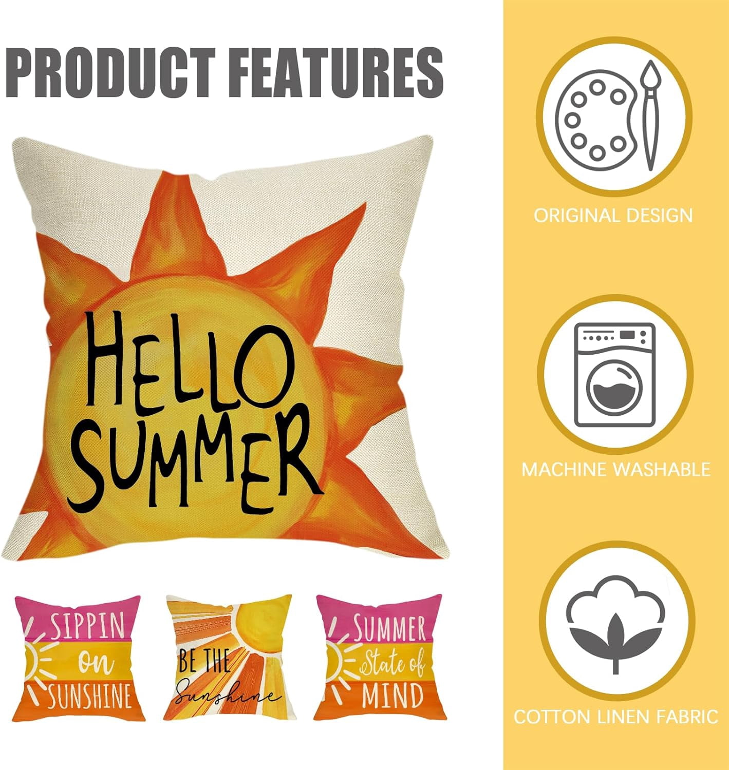 Hello Summer Sun Decorative Throw Pillow Covers 20 x 20 Set of 4, Be The Sunshine Stripes Porch Outdoor Pillowcase, Summer State of Mind Sippin on Sunshine Seasonal Cushion Case Home Decor