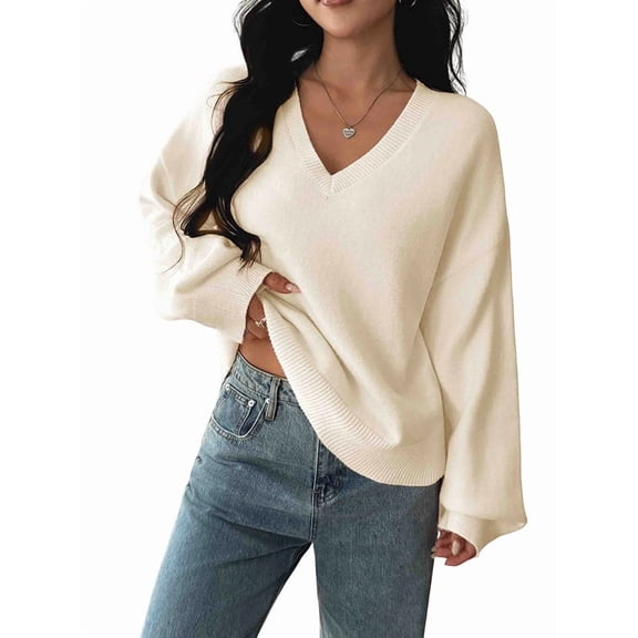 Women Fall Long Sleeve Sweater V Neck Tops Casual Light-Weight Knit Pullover Shirts White L