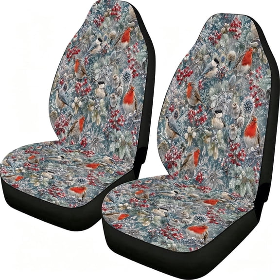 Odenmar Christmas Winter Bird Car Seat Covers 2 Piece, Mesh Fabric Front Seat Protectors Universal Fit for Cars Suvs Trucks Vans
