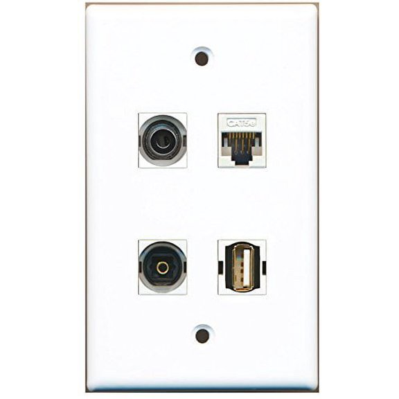 RiteAV - 1 Port USB A-A 1 Port Toslink 1 Port 3.5mm 1 Port Cat5e Ethernet White Wall Plate
