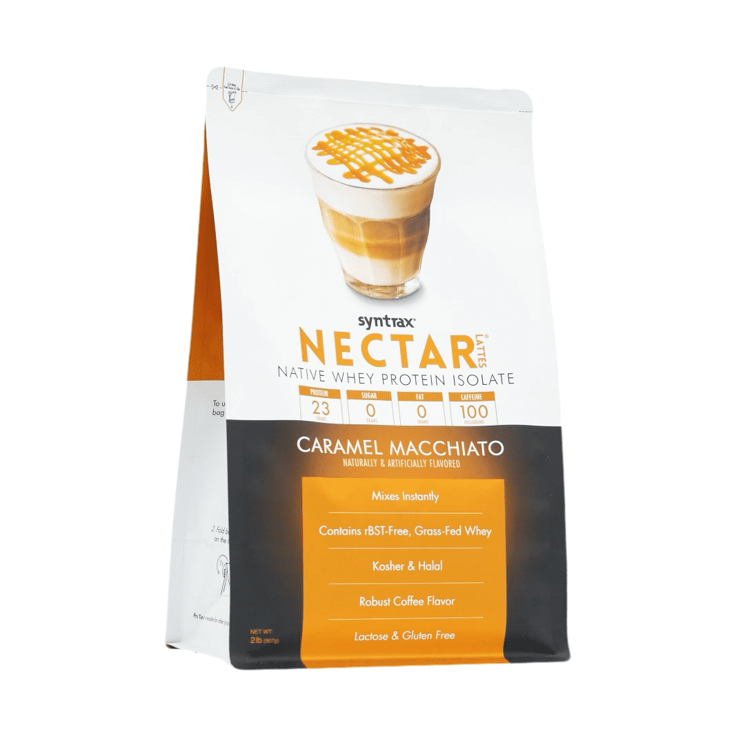Syntrax Nectar Lattes, Caramel Macchiato, 2 lb. Native Whey Protein Isolate Powder, with 100mg of Caffeine