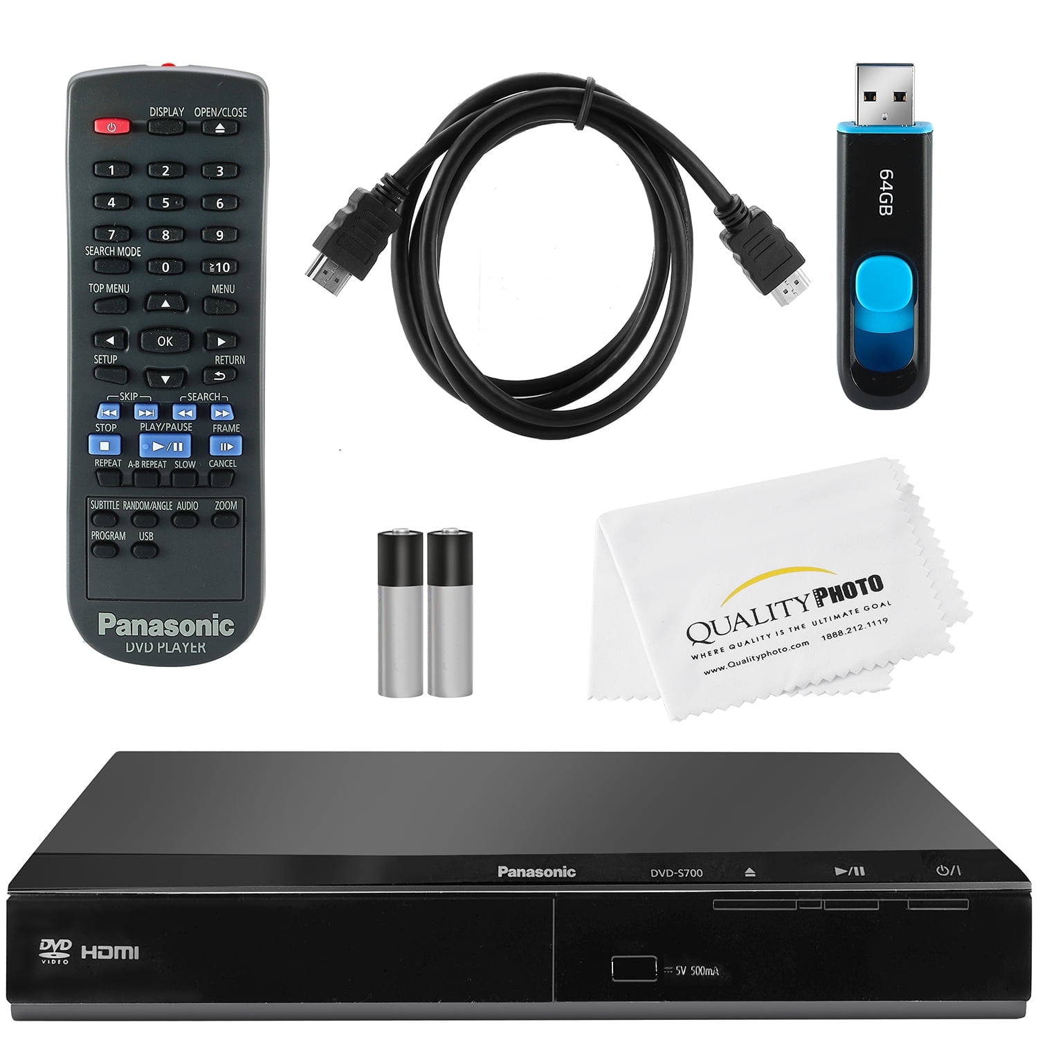 Panasonic DVD Player DVD-S700 + Remote Control + High Speed 6 Foot 4K HDMI Cable + Ultra USB Flash Drive 64GB and Quality Photo Microfiber Cloth