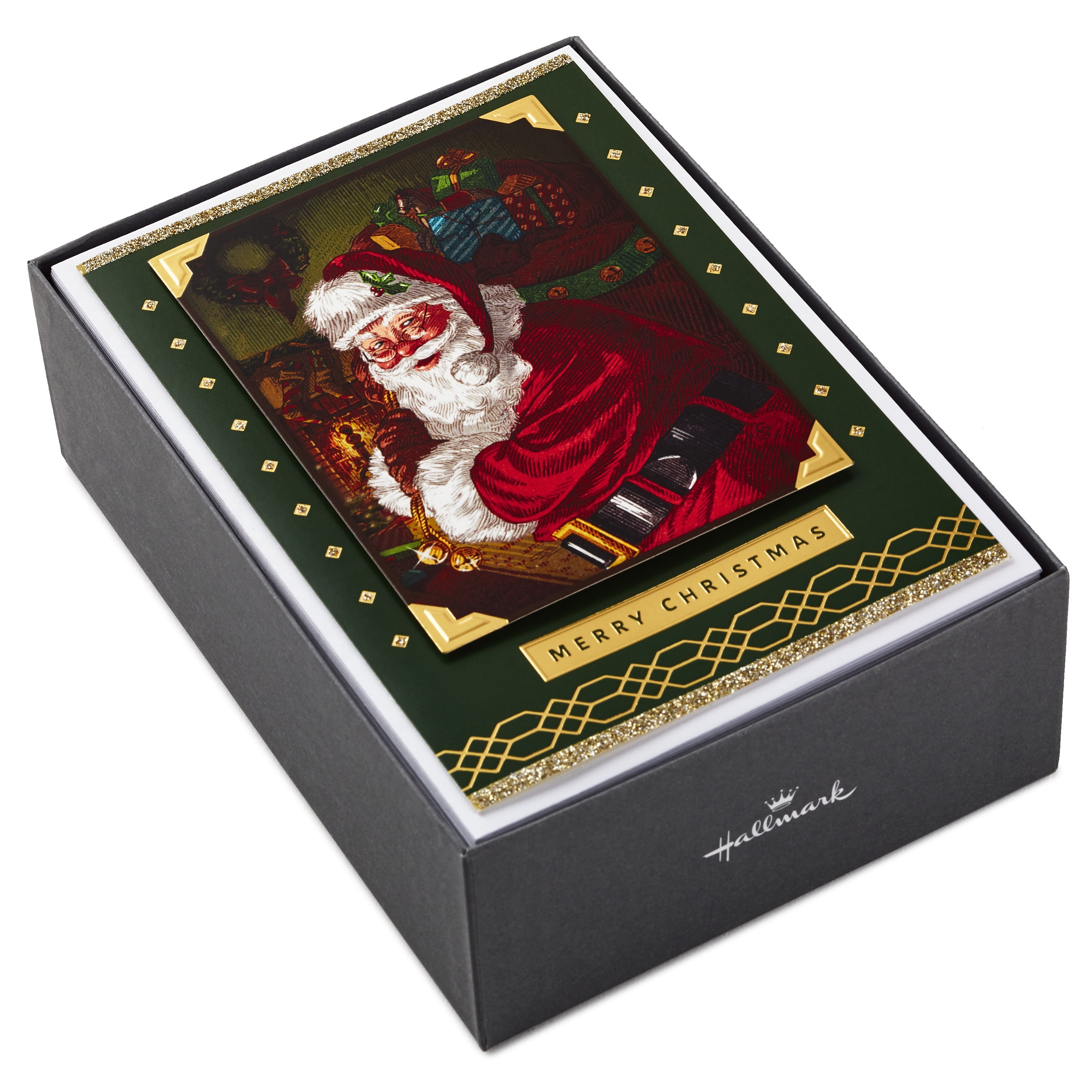 Hallmark Boxed Christmas Cards, Green and Gold Santa Claus (12 Cards and 13 Envelopes)