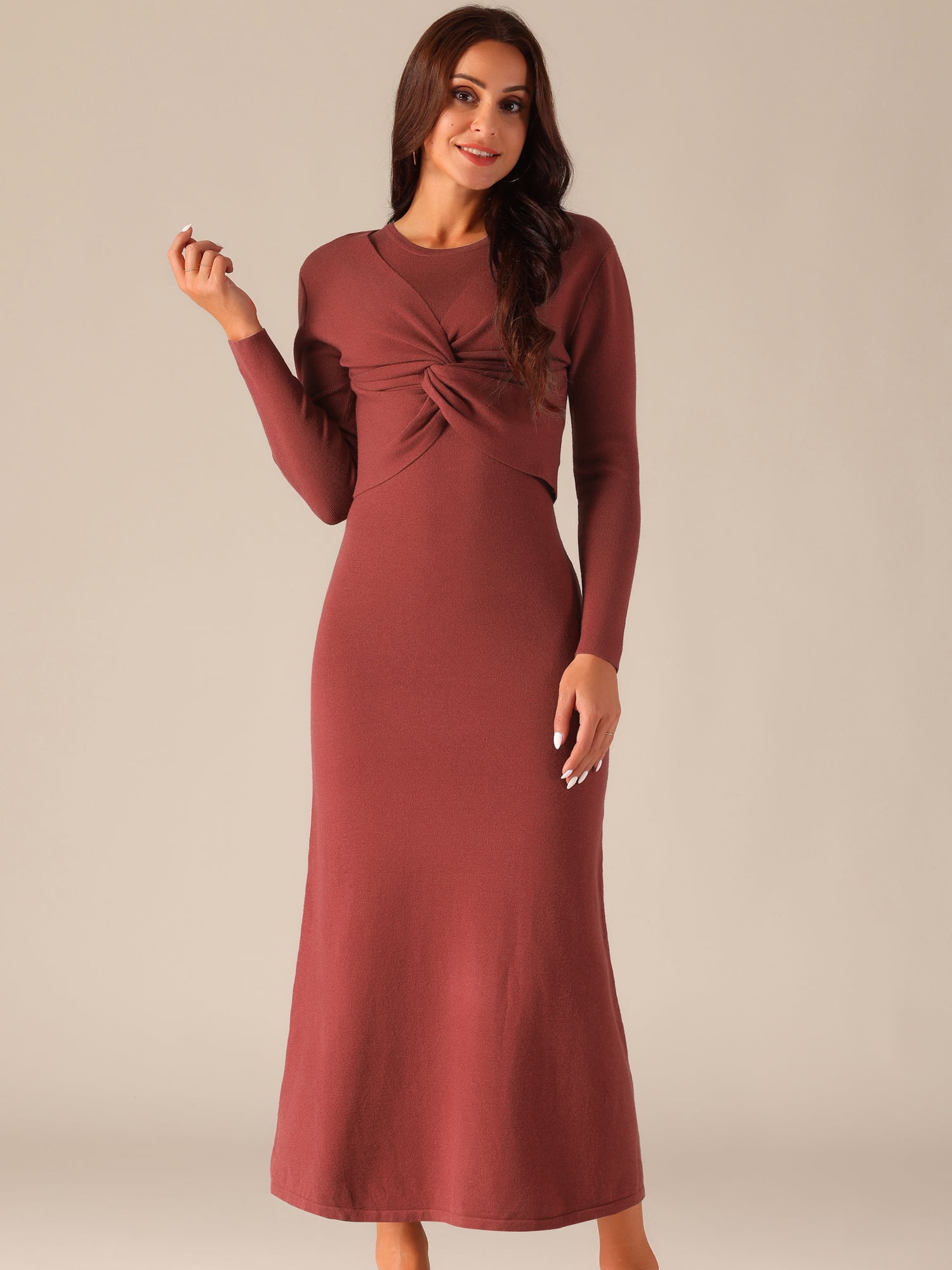 DARING DIVA Tank Set Long Sleeve Twist Front A-Line Dress M Wine Red
