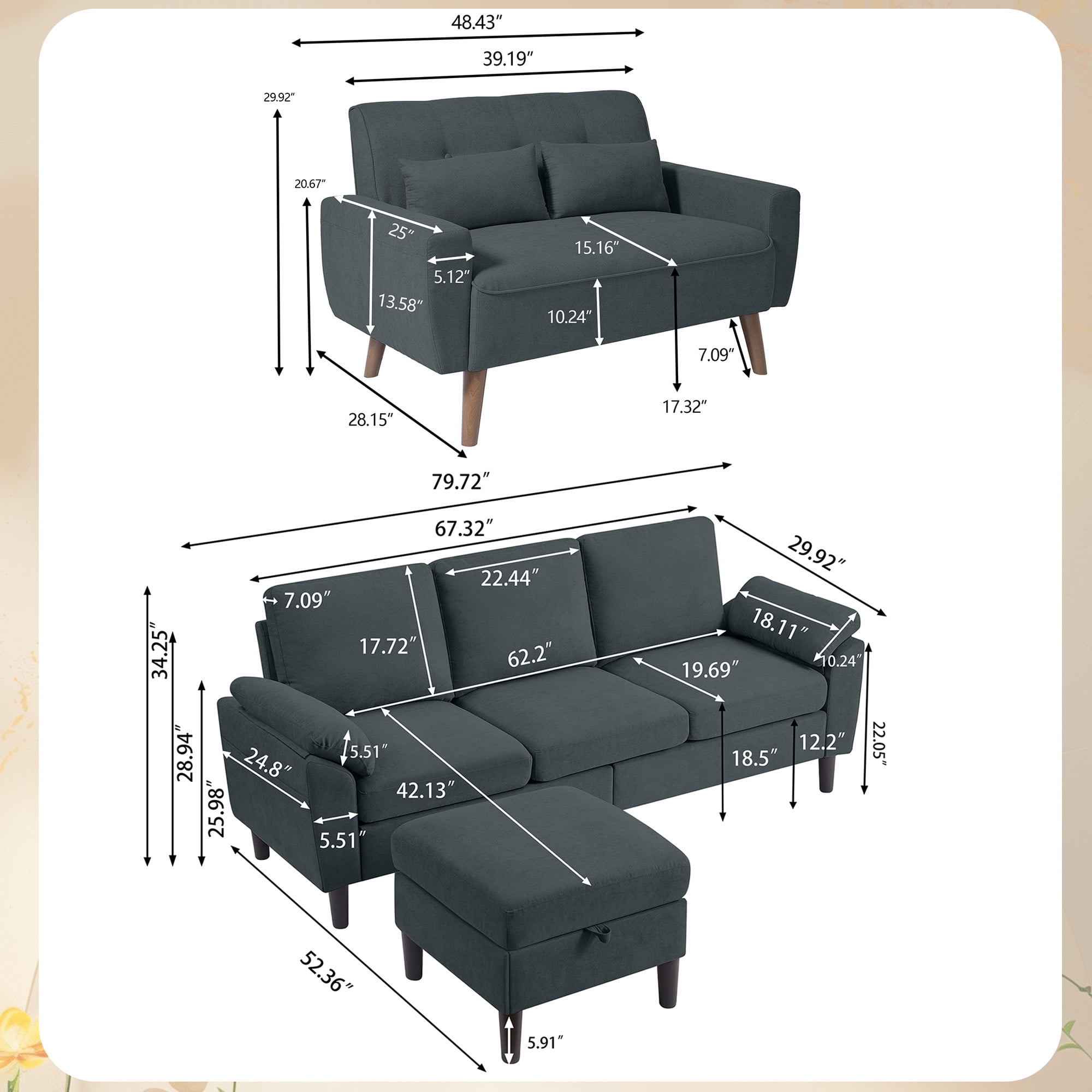 Jarenie Comfortable Modern Linen L Shaped Darkgrey Sectional Sofa Set