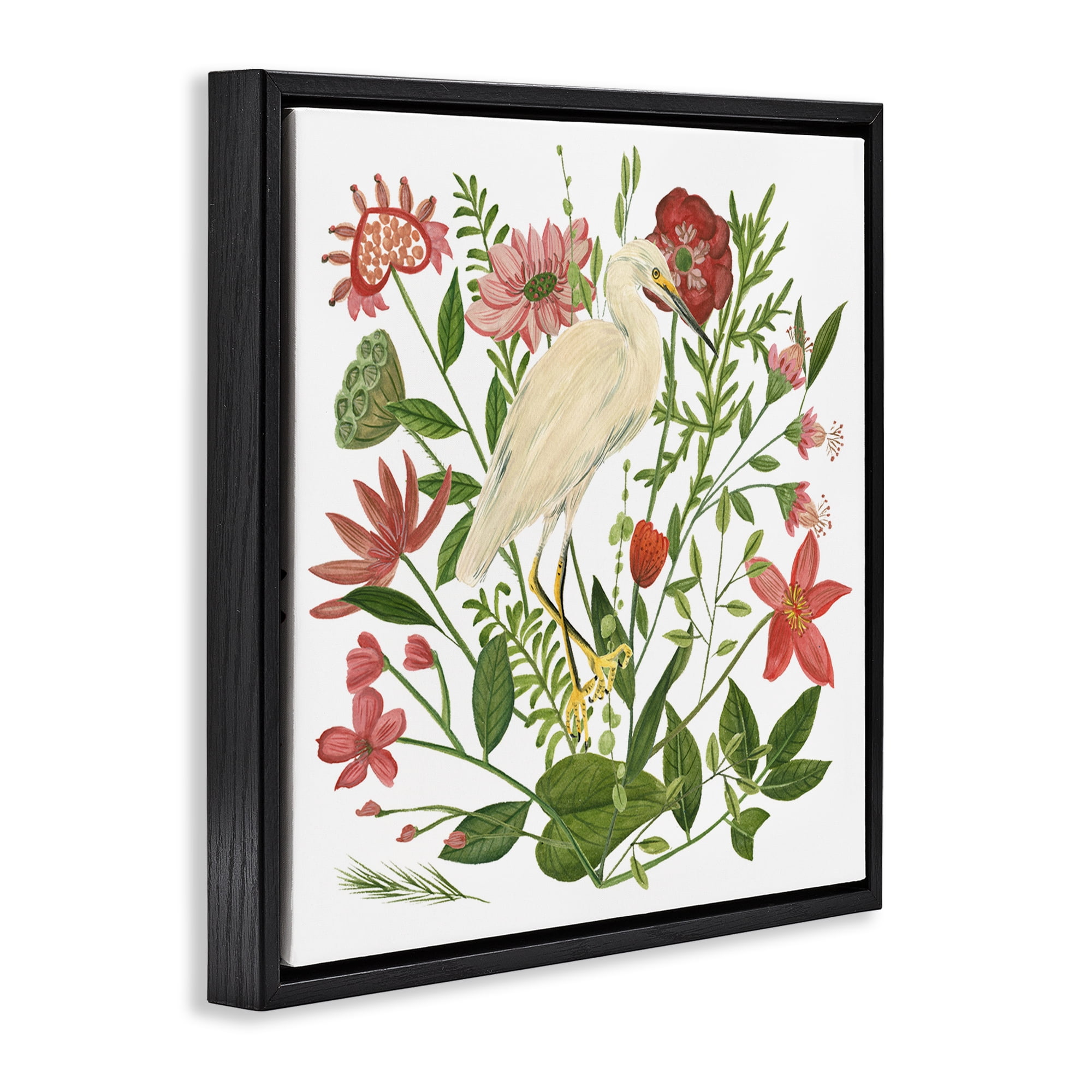 Stupell Industries Nautical Flowers & Egret Landscape Painting Black Floater Framed Canvas Art Print Wall Art, 18 x 18