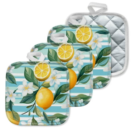

4 Pack Pot Holders Kitchen Essential Potholder Set Lemon Leaf Flower Pattern On Blue And White Striped Background