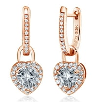 Gem Stone King 18K Rose Gold Plated Silver White Zirconia and White Created Sapphire Dangle Earrings for Women (1.98 Cttw, Gemstone, Heart Shape 6MM)