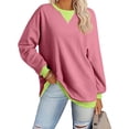 thumbnail image 3 of Fengqque Women's Spring Casual Fashion Long Sleeve Color Block Collar Embroidered Crewneck T-Shirt Sweatshirt Pink-A L, 3 of 5