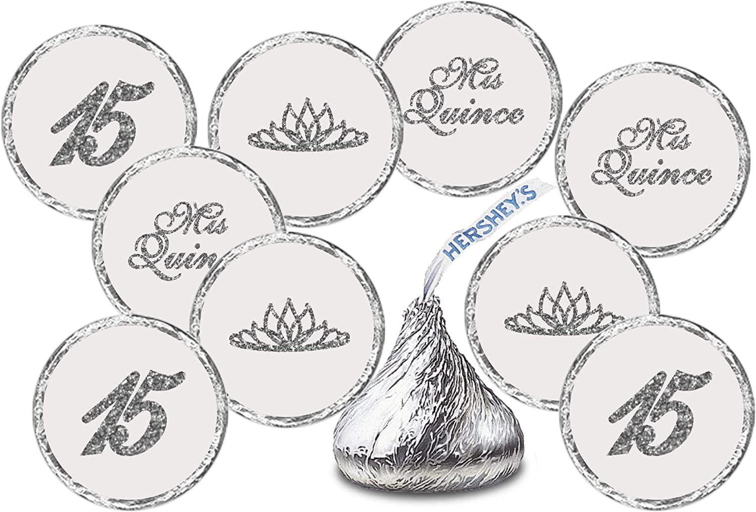 Mis Quince Birthday Silver Kisses Stickers, (Set of 216), Quinceanera Chocolate Drops Labels, 15 Party Decoration Favors Decor for Kisses