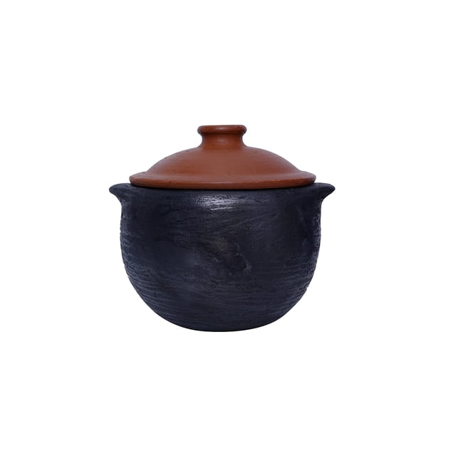 Clay Handi With Lid For Cooking - Black, 2 Liters | Earthen Pots With Lid
