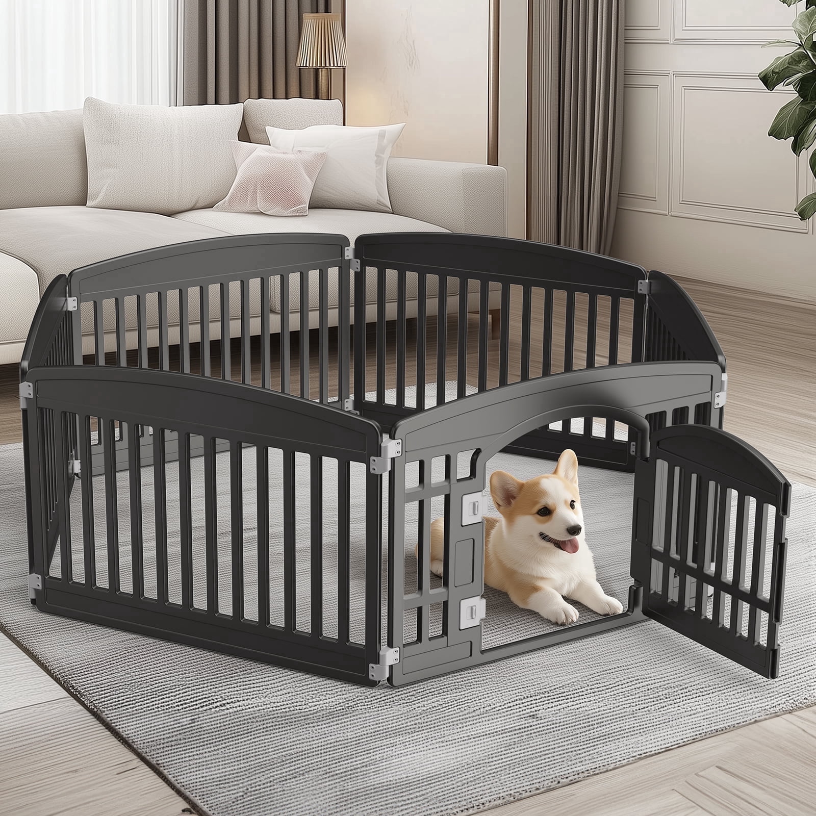 SHOUFTW 24" Plastic Dog Playpen, 6 Panel Lightweight Portable Pet Pen for Indoor, Customizable Puppy Playpen, Black