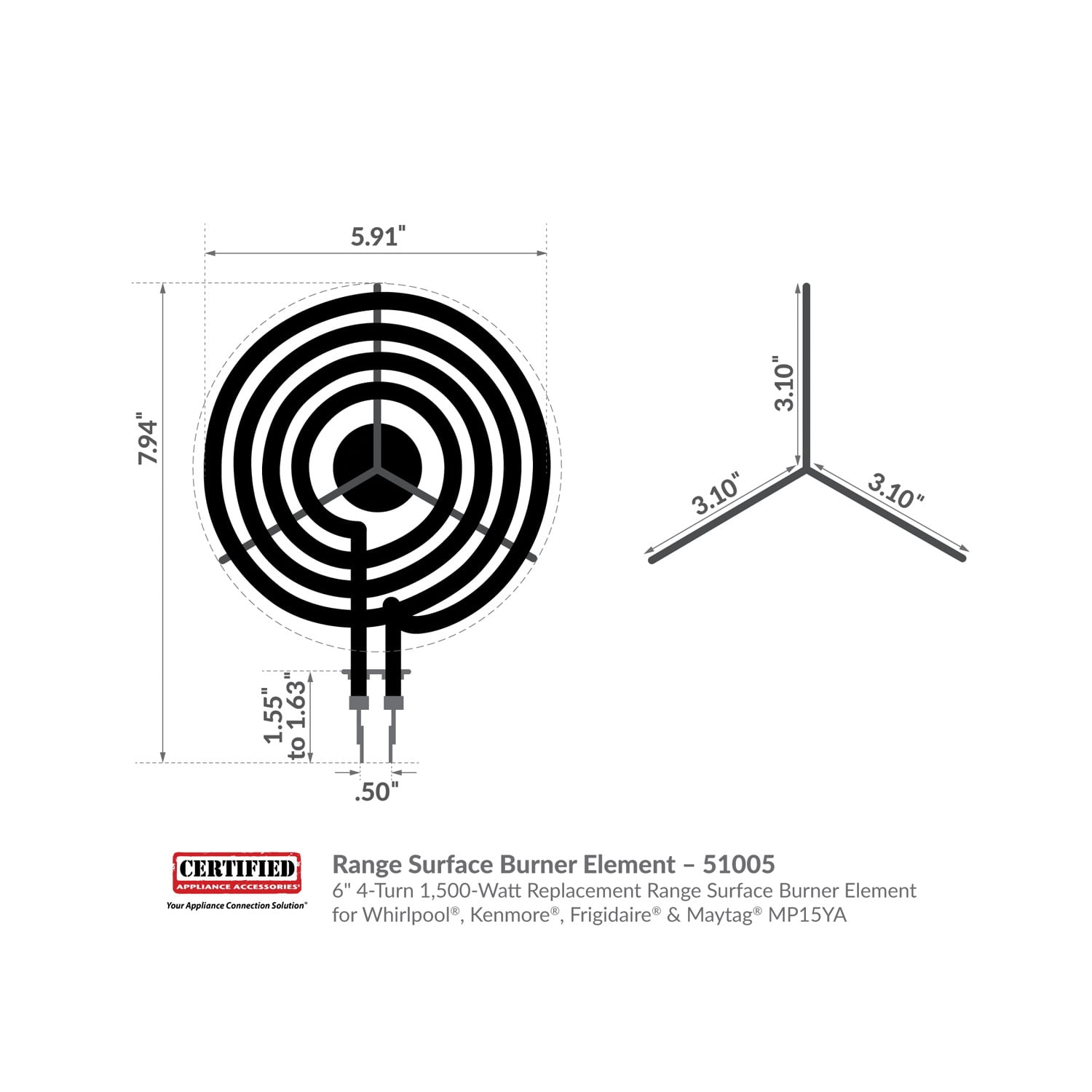 Certified Appliance Accessories 51005 6" 4-Turn 1,500-Watt Replacement Range Surface Burner Element For Whirlpool, Kenmore, Frigidaire & Maytag MP15YA