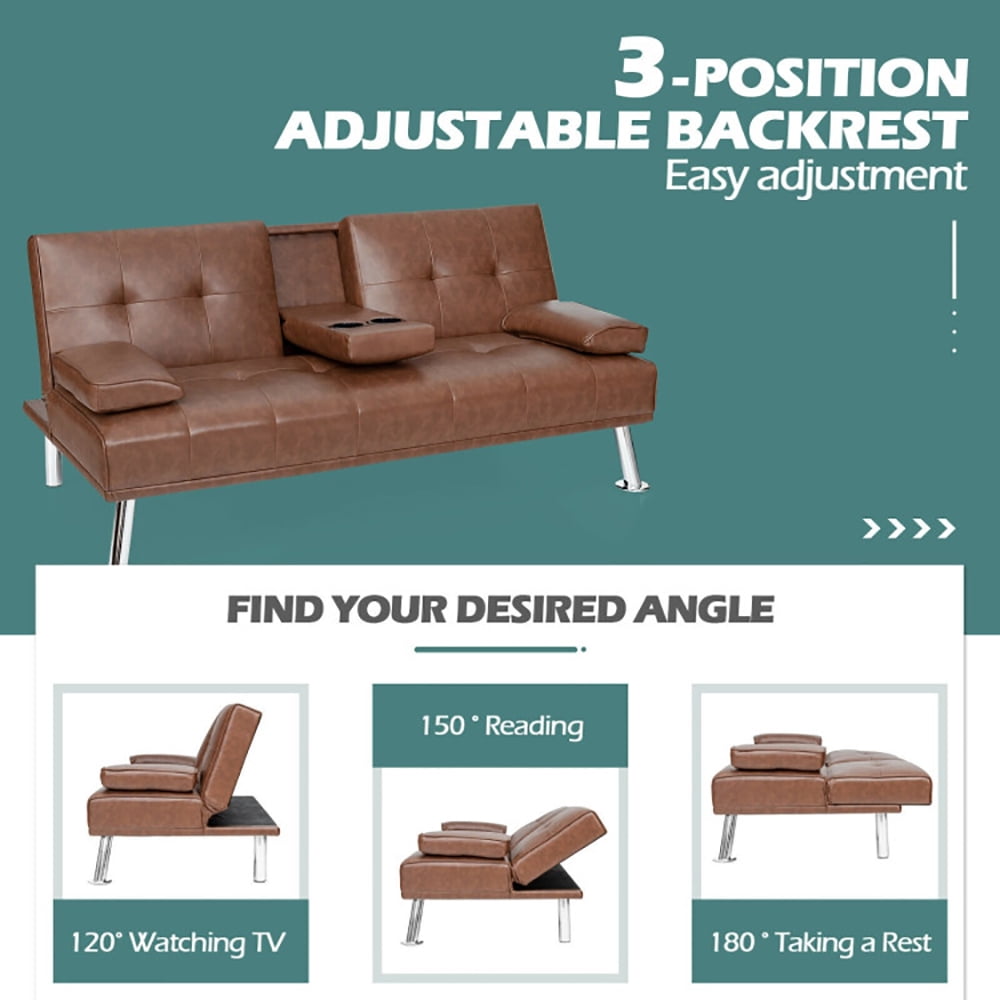 Finihen Futon Sofa Bed, Leather Couch, Convertible Folding Recliner, Convertible Folding Leather Futon Sofa with Cup Holders and Armrests, for Living Room, Bedroom, Brown Finihen Futon Sofa Bed, Leather Couch, Convertible Folding Recliner, Convertible Folding Leather Futon Sofa with Cup Holders and Armrests, for Living Room, Bedroom, Brown
