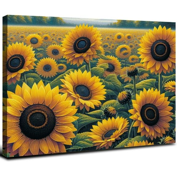 JRXY  Sunflower Wall Art Canvas Flowers Yellow Picture Rustic Floral Field Landscape Painting, Countryside Large Framed Artwork for Living Room Bedroom Bathroom Dinnng Room Office Home 20x16inch