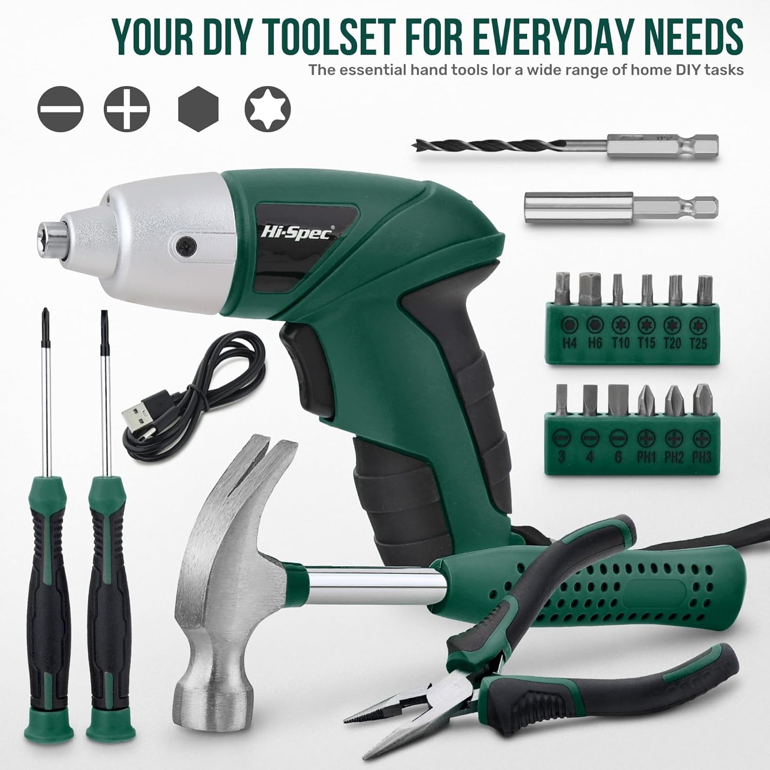 General 3.6V Cordless Electric Screwdriver Set with Interchangeable Bits, Green