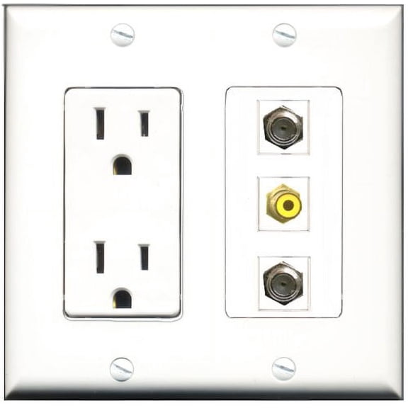 RiteAV - 15 Amp Power Outlet 1 Port RCA Yellow 2 Port Coax Decorative Wall Plate