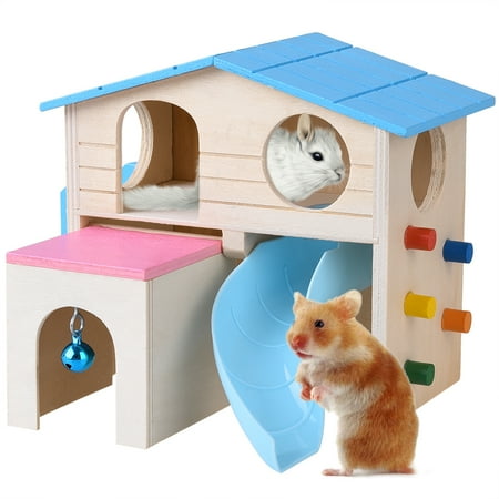 Villa Pot - Petacc Hamster House Wooden Pet Cabin Small Animal Hideout Deluxe Hamsters Villa Creative Two-layer Hut for Small Animals, Equipped with Slide, Drawer-style Hut, Hanging Bell, Ladder and Climbing Wall