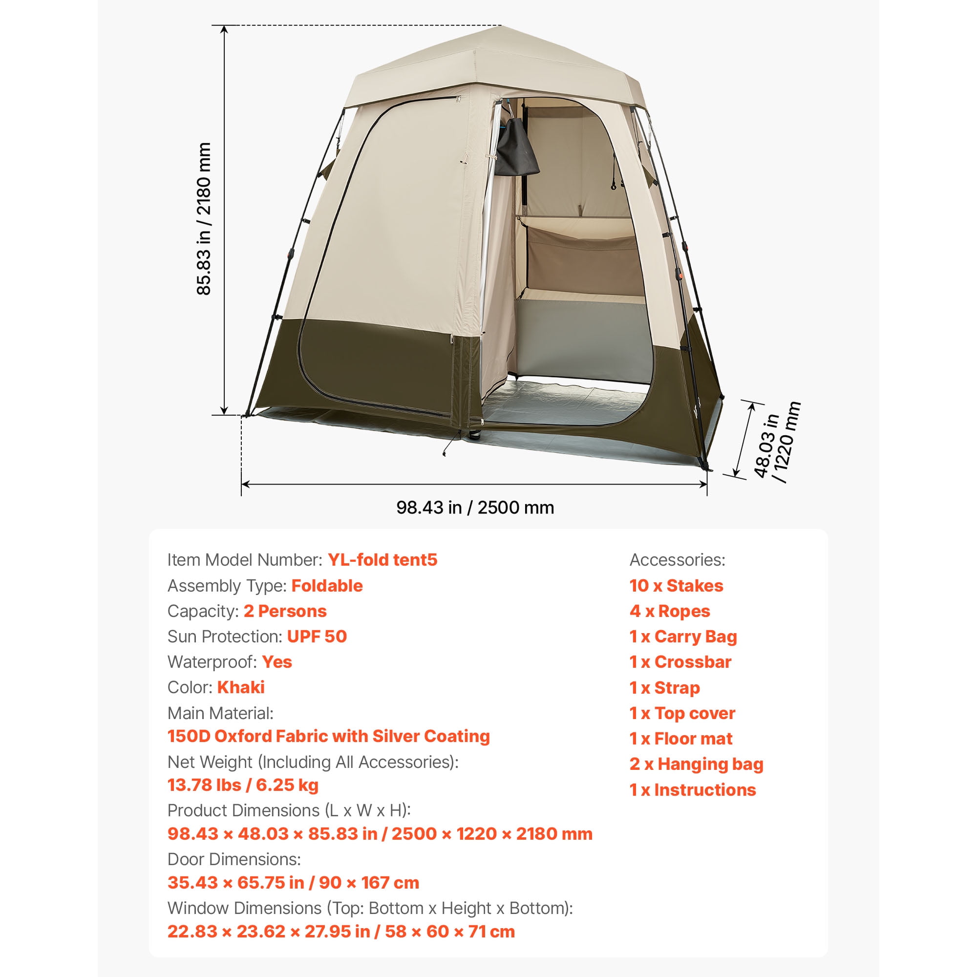 KFFKFF Portable 2-Room Privacy Tent for Camping, Foldable Changing Room with Ground Stakes, Ropes, Carry Bag, and Crossbar, Made of Durable 150D Oxford Fabric with Silver Coating