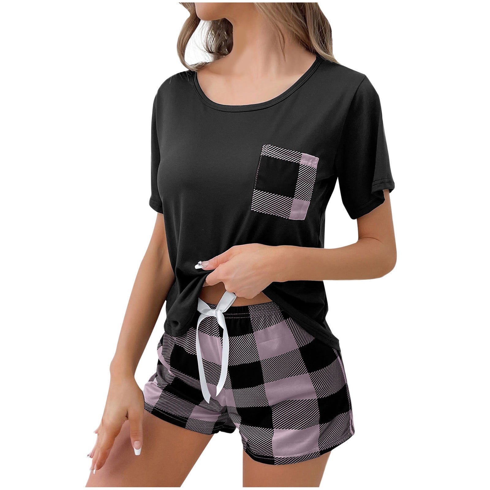 HUJlwoi Pocket Lounge Sets for Women Crew Neck Short Sleeve
