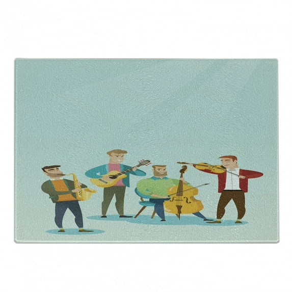 Music Cutting Board, Cartoon Graphic of Happy Musicians Band Playing Instruments Concert Print, Decorative Tempered Glass Cutting and Serving Board, in 3 Sizes, by Ambesonne