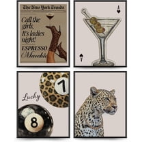 Aingg Leopard Wall Art Posters for Bedroom, Preppy Trendy Cheetah 8 Ball Funky Dirty Martini Cocktail Aesthetic Wall Decorations for Home Bar Cart Bedroom Decor Unframed 4Pcs