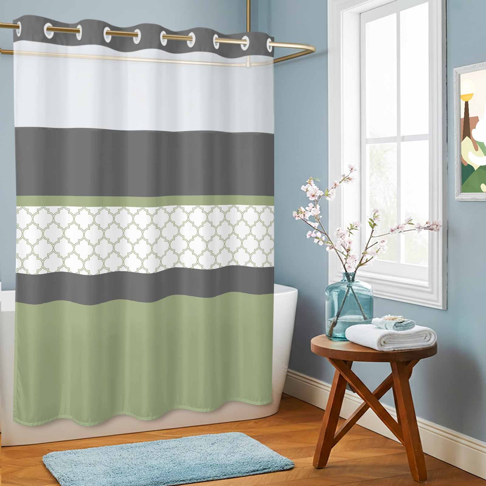 No Hook Shower Curtains for Bathroom Sage Green Morocco Waterproof Shower Curtain Restroom Decor Modern Stitching Geometric Striped Grey Bathtub Bath Curtains with See Through Top Window 60x72 Inch
