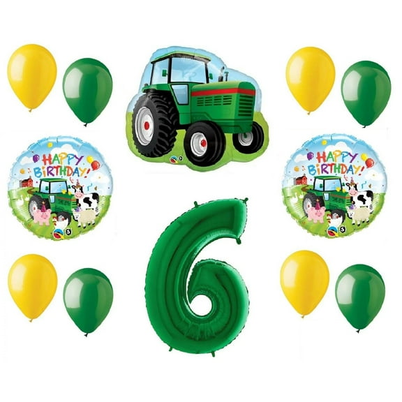 12 Piece Farm Tractor #6 6th Green Happy Birthday Balloon Bouquet Party Decoration