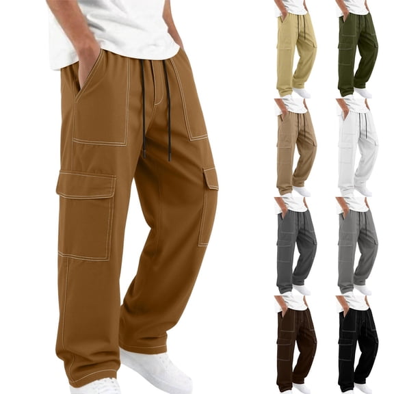 Men Contrast‑Stitch Wide Leg Cargo Pants, Elastic Drawstring Waist Casual Work Trousers, Loose‑Fit Multi‑Pocket Streetwear Pants