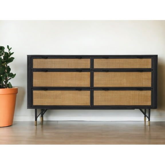 61" Natural and Black Solid Wood And Rattan Six Drawer Double Dresser