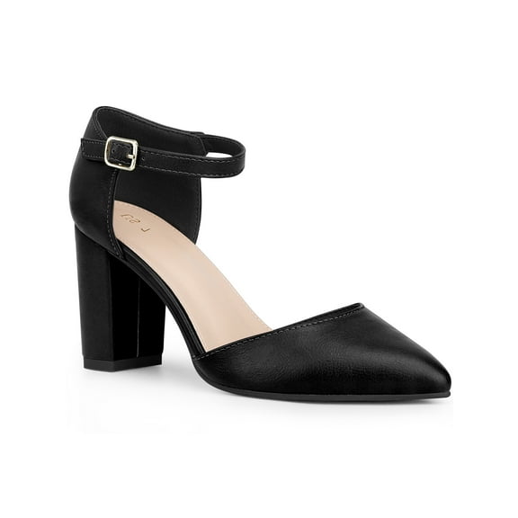 BLISSFUL STEP Ankle Strap Pointy Toe Chunky Heel Pumps for Women Black 8.5