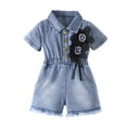 thumbnail image 3 of Avtoify Children's Denim Jumpsuit Short Sleeve Turn-down Collar Fitted Waist Pearl Cargo Pants Jumpsuit Shorts, 3 of 7