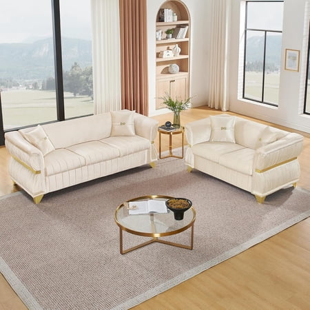 2 Piece Chesterfield Sofa Set Luxury Velvet Couch with Gold Accents Beige | Loveseat & 3-Seater Cloud Couch Gold Metal Decor Pleated Arms Velvet Upholstery For Living Room Villa 4 Pillows