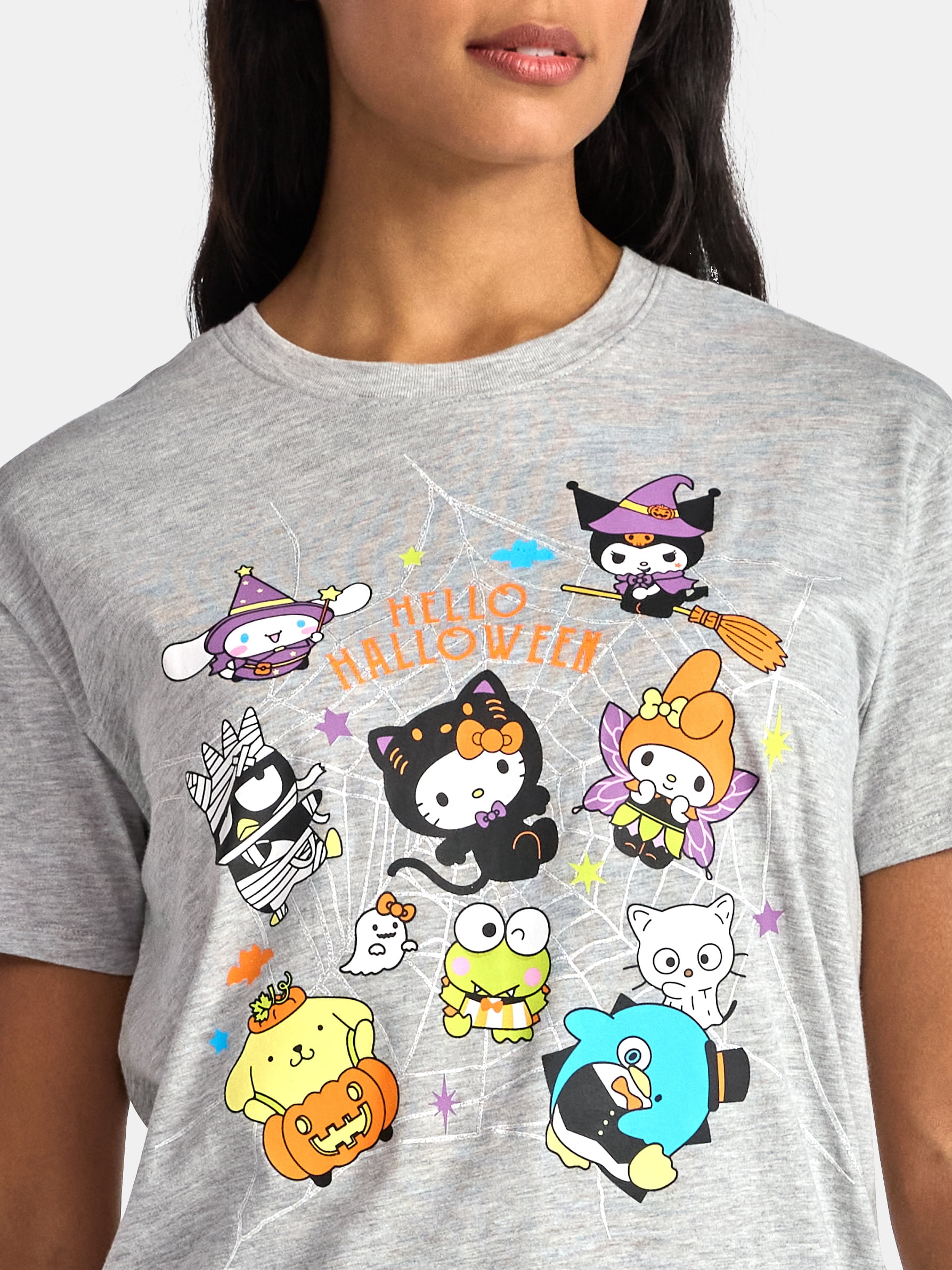 Hello Kitty & Friends Women's Halloween Graphic Tee with Short Sleeves, Sizes XXS-XXL