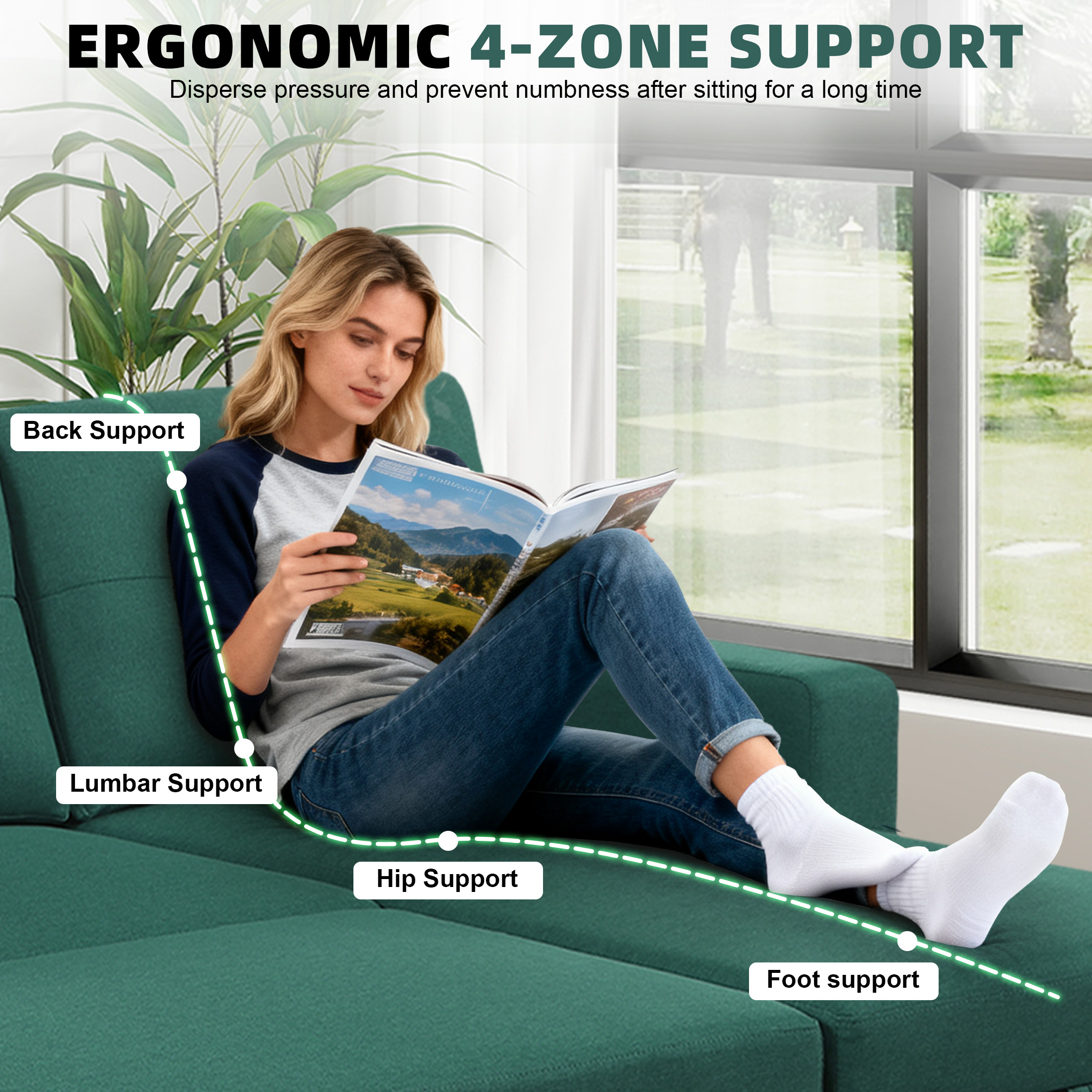 Aukfa Premium Pull-Out Sleeper Sofa Bed with Storage Chaise, Contemporary 3-Seater Couch for Living Room, Green