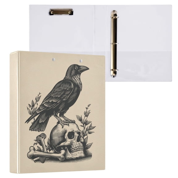 Hard Shell Ring Binder With Clip Holds 200 Sheets Office Home Organization Crow and Skull