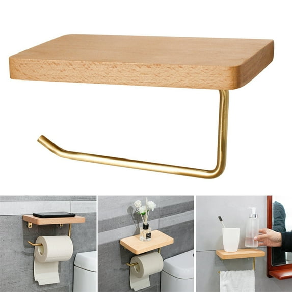 Yuedong Luxury Paper Towel Rack Free Punch Wood Wall Mount Tissue Storage Bracket Roll Paper Shelf Mobile Phone Bracket Bathroom Organizer Accessories