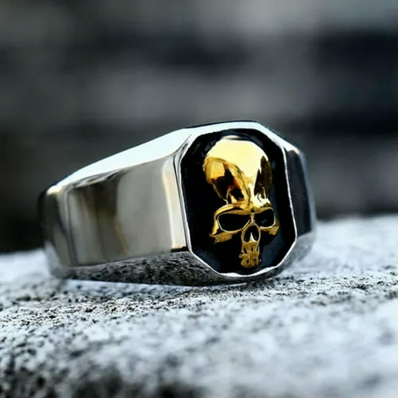 GKNET Vintage Hiphop Punk Skull Signet Ring Stainless Steel Men Band Delicate Jewelry 7-13 Size-Gold-13