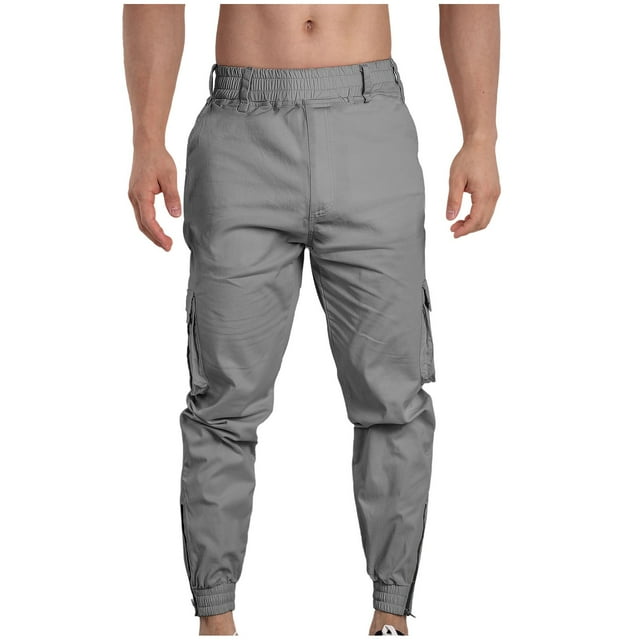 Birdeem Pants for Men Mens Fashion Casual Solid Color Cargo Pockets Elastic Rope Waist Zipper Leg Casual Cargo Pants
