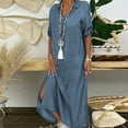 thumbnail image 4 of HEVIRGO Women Half Sleeve Side Slitting Hem V-neck Loose Long Denim Dress Streetwear for Daily Life, 4 of 8
