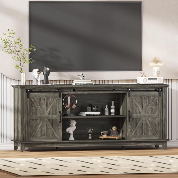 66" Farmhouse Home TV Stand for Up to 75" Television, Entertainment Center with Storage & Adjustable Shelf, Media TV Console Table with Sliding Barn Doors for Living Room, Oak