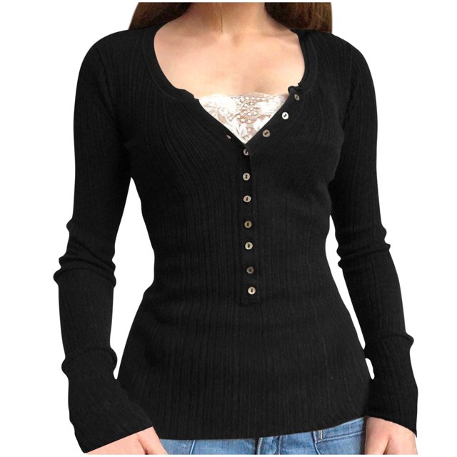 cfhntfmh Long Sleeve Tees Shirts for Women Lace Patchwork V Neck Going out Tops Ribbed Knit Slim Clothing with Button