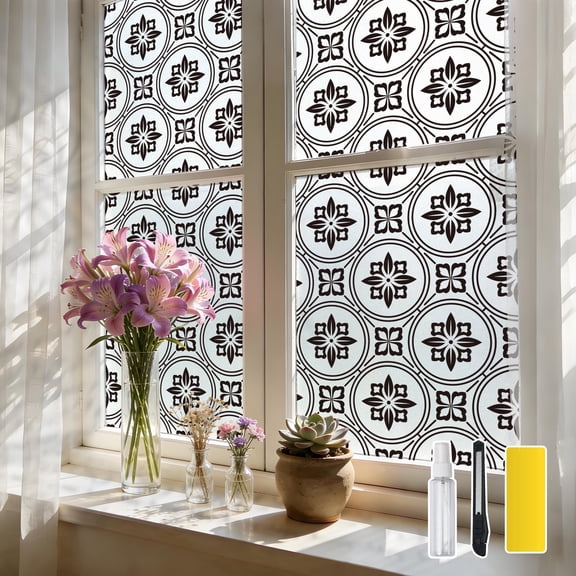 DKTIE 17.7" x 78.7" Decorative Floral Tile Window Film, Static Cling Anti-UV Heat Blocking Privacy Cover, Perfect for Bathroom Bedroom & Balcony